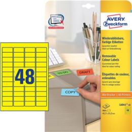 Etiketten Avery Zweckform L6041-20 45,7 x 21,2 mm selbstklebend, wiederablösbar, gelb, Inkjet Laser Kopierer, Pack 960 Stk/20 Blatt