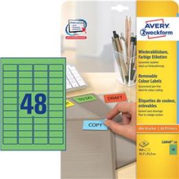 Etiketten Avery Zweckform L6040-20 45,7 x 21,2 mm selbstklebend, wiederablösbar, grün, Inkjet Laser Kopierer, Pack 960 Stk/20 Blatt