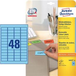 Etiketten Avery Zweckform L6039-20 45,7 x 21,2 mm selbstklebend, wiederablösbar, blau, Inkjet Laser Kopierer, Pack 960 Stk/20 Blatt