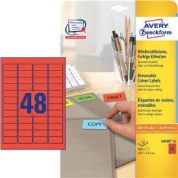 Etiketten Avery Zweckform L6038-20 45,7 x 21,2 mm selbstklebend, wiederablösbar, rot, Inkjet Laser Kopierer, Pack 960 Stk/20 Blatt