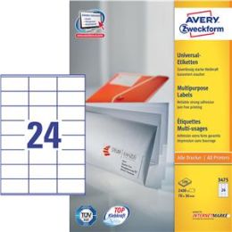 Etiketten, Avery Zweckform 3475, 70 x 36 mm weiß, selbstklebend, Inkjet Laser Kopierer, Pack 2400 Stk/100 Blatt