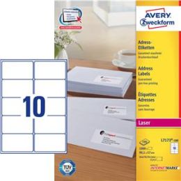 Adressetiketten, Avery Zweckform L7173-100, 99,1 x 57 mm weiß, selbstklebend, Laser, Pack 1000 Stk/100 Blatt