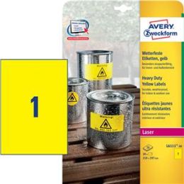 Etiketten Avery Zweckform L6111-20 210 x 297 mm Folie, wetterfest, selbstklebend, gelb, Laser, Pack 20 Stk/20 Blatt
