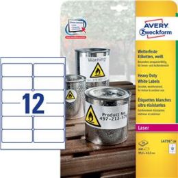 Etiketten Avery Zweckform L4776-20 99,1 x 42,3 mm Folie, wetterfest, reißfest, selbstklebend, weiß, Laser, Pack 240 Stk/20 Blatt