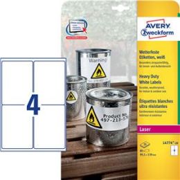 Etiketten Avery Zweckform L4774-20 99,1 x 139 mm Folie, wetterfest, reißfest, selbstklebend, weiß, Laser, Pack 80 Stk/20 Blatt