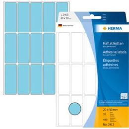 Haftetiketten Herma 2413 20 x 50 mm, selbstklebend, blau, Handbeschriftung, Pack 480 Stk/32 Blatt