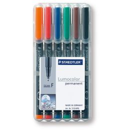 Universalstift, Staedtler 318WP6 (318 WP6), Lumocolor permanent F, 6er-Etui, Schreibfarben: je 1x schwarz, rot, blau, grün, braun, orange