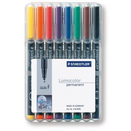 Universalstift, Staedtler 318WP8 (318 WP8), Lumocolor permanent F, 8er-Etui, Schreibfarben: je 1x schwarz, rot, blau, grün, braun, orange, gelb, violett