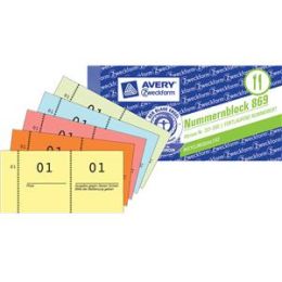 Nummernblock Avery Zweckform 869 105 x 53 mm, Gesamtabrisse Nr. 1-1000, Abrisse Nr. 1-100, 5Farben sortiert, Pack 50 Stk