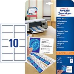 Visitenkarten Avery Zweckform C32010-25 Classic 85 x 54 mm, A4, 185g, mikroperforiert, beidseitig, weiß, matt, Inkjet Laser Kopierer, Pack 250 Stk/25 Blatt