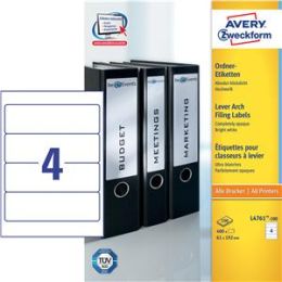 Ordner-Rückenschild Etiketten Avery Zweckform L4761-100 kurz/breit, selbstklebend, blanko, weiß, Inkjet Laser Kopierer, Pack 400 Stk/100 Blatt