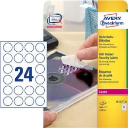 Sicherheits-Etiketten, Avery Zweckform L6112-20, Ø 40 mm rund, Folie, selbstklebend, weiß, Laser, Pack 480 Stk/20 Blatt
