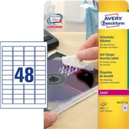 Sicherheits-Etiketten, Avery Zweckform L6113-20, 45,7 x 21,2 mm, Folie, selbstklebend, weiß, Laser, Pack 960 Stk/20 Blatt