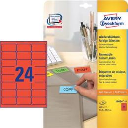 Etiketten Avery Zweckform L6034-20 63,5 x 33,9 mm selbstklebend, wiederablösbar, rot, Inkjet Laser Kopierer, Pack 480 Stk/20 Blatt