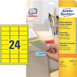 Etiketten Avery Zweckform L6035-20 63,5 x 33,9 mm selbstklebend, wiederablösbar, gelb, Inkjet Laser Kopierer, Pack 480 Stk/20 Blatt