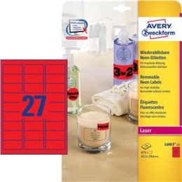 Etiketten Avery Zweckform L6003-25 63,5 x 29,6 mm selbstklebend, wiederablösbar, rot-neon, Laser, Pack 675 Stk/25 Blatt
