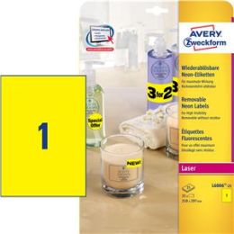 Etiketten Avery Zweckform L6006-25 210 x 297 mm, selbstklebend, wiederablösbar, gelb-neon, Inkjet Laser Kopierer, Pack 25 Stk/25 Blatt