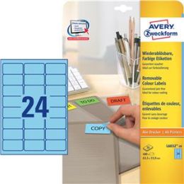 Etiketten Avery Zweckform L6032-20 63,5 x 33,9 mm selbstklebend, wiederablösbar, blau, Inkjet Laser Kopierer, Pack 480 Stk/20 Blatt