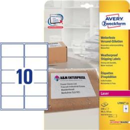 Versand-Etiketten Avery Zweckform L7992-25 99,1 x 57 mm Folie, weiß, selbstklebend, wetterfest, wasserfest, Laser, Pack 250 Stk/25 Blatt