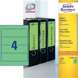 Ordner-Rückenschild Etiketten Avery Zweckform L4768-100 kurz/breit, selbstklebend, blanko, grün, Inkjet Laser Kopierer, Pack 400 Stk/100 Blatt