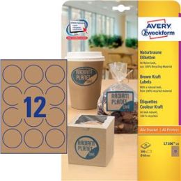 Etiketten Avery Zweckform L7106-25 Ø 60 mm rund, naturbraun, selbstklebend, ablösbar, Inkjet Laser Kopierer, Pack 300 Stk/25 Blatt