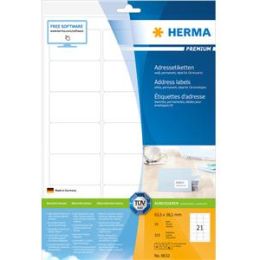 Adressetiketten, Herma 8632, Premium, 63,5 x 38,1 mm selbstklebend, weiß, Inkjet Laser Kopierer, Pack 210 Stk/10 Blatt