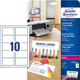 Visitenkarten Avery Zweckform C32026-25 weiß A4 85x54 270g Q&C satiniert, Laser, Pack 250 Stk/25 Blatt