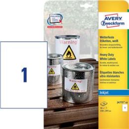 Etiketten Avery Zweckform J4775-10 210 x 297 mm A4 weiß wetterfest, Inkjet, Pack 10 Stk/10 Blatt