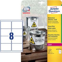 Etiketten Avery Zweckform L4715-20 99,1 x 67,7 mm weiß wetterfest, Laser, Pack 160 Stk/20 Blatt