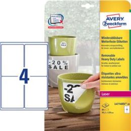 Etiketten Avery Zweckform L4774REV-20 99,1 x 139 mm weiß wetterfest wiederablösbar, Laser, Pack 80 Stk/20 Blatt