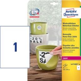 Etiketten Avery Zweckform L4775REV-20 210 x 297 mm A4, weiß, wetterfest wiederablösbar, Laser, Pack 20 Stk/20 Blatt