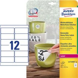 Etiketten Avery Zweckform L4776REV 99,1 x 42,3 mm weiß wetterfest wiederablösbar, Laser, Pack 240 Stk/20 Blatt