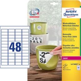 Etiketten Avery Zweckform L4778REV-20 45,7 x 21,2 mm weiß wetterfest wiederablösbar, Laser, Pack 960 Stk/20 Blatt
