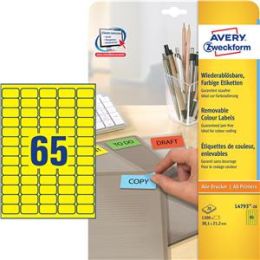 Etiketten Avery Zweckform L4793-20 38,1 x 21,2 mm gelb ablösbar, Inkjet Laser Kopierer, Pack 1300 Stk/20 Blatt