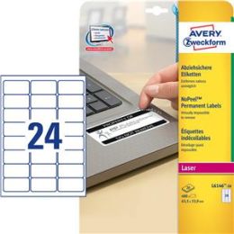 Etiketten Avery Zweckform L6146-20 63,5 x 33,9 mm weiß Sicherheit, Laser, Pack 480 Stk/20 Blatt