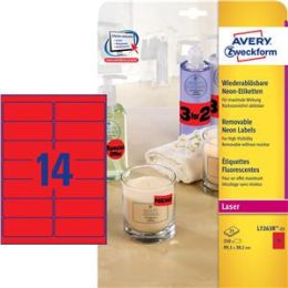 Etiketten Avery Zweckform L7263R-25 99,1 x 38,1 mm neonrot wiederablösbar, Laser, Pack 350 Stk/25 Blatt