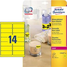 Etiketten Avery Zweckform L7263Y-25 99,1 x 38,1 mm neon-gelb wiederablösbar, Laser, Pack 350 Stk/25 Blatt