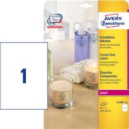 Etiketten Avery Zweckform L7784-25 210 x 297 mm A4 transparent kristallklar, Pack 25 Stk/25 Blatt