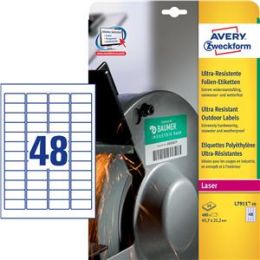 Etiketten Avery Zweckform L7911-10 45,7 x 21,2 mm weiß Folie ultraresistent, Laser, Pack 480 Stk/10 Blatt