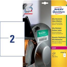 Etiketten Avery Zweckform L7916-10 210 x 148 mm weiß Folie ultraresistent, Laser, Pack 20 Stk/10 Blatt