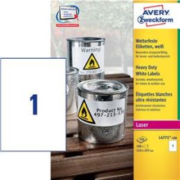 Etiketten Avery Zweckform L4775-100 210 x 297 mm Folie, wetterfest, reißfest, selbstklebend, weiß, Laser, Pack 100 Stk/100 Blatt