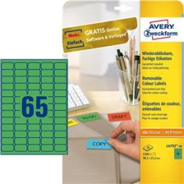 Etiketten Avery Zweckform L4792-20 38,1 x 21,2 mm grün wiederablösbar, Inkjet Laser Kopierer, Pack 1300 Stk/20 Blatt