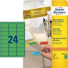 Etiketten Avery Zweckform L6033-20 63,5 x 33,9 mm grün wiederablösbar, Inkjet Laser Kopierer, Pack 480 Stk/20 Blatt